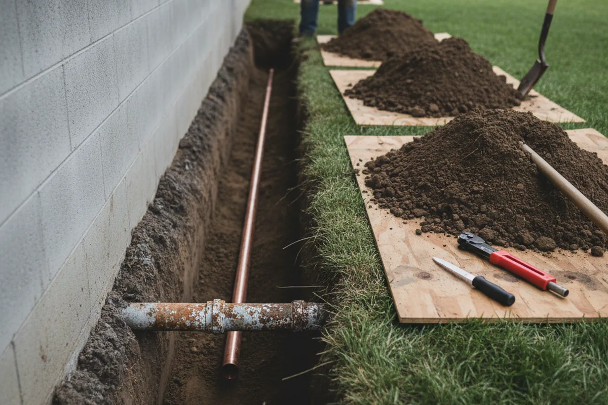 Excavated water line trench during Sewer Line Repair in Ava